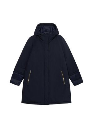 Navy blue puffer coat with a hood, horizontal quilted texture, and two front zippered pockets with gold hardware accents.