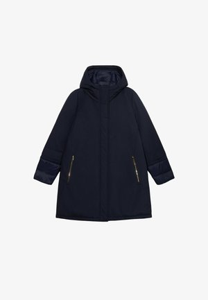 Marineblauwe gewatteerde jas met capuchon, horizontaal gestikte textuur en twee voorzakken met rits en gouden hardwareaccenten.