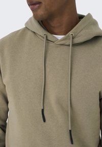 Light olive green hoodie with a drawstring, featuring a soft texture and flat seams. Dark accents on drawstring tips. Simple design, no patterns.
