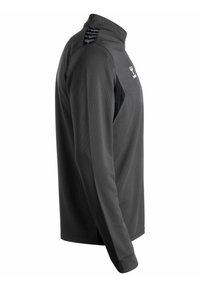 Långärmad sporttröja i mörkgrått, med hög krage, strukturerad tyg, svarta sidopaneler och distinkta axeldetaljer.