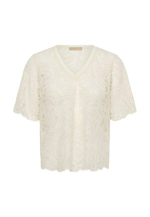 Blusa de encaje color crema de manga corta con escote en V, con patrones florales y de paisley, y borde en forma de ondas en el bajo y las mangas.