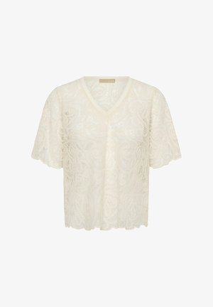 Kremfarvet bluse med korte ærmer i blonder, V-hals, blomster- og paisleymønstre samt bølget kant forneden og ved ærmerne.