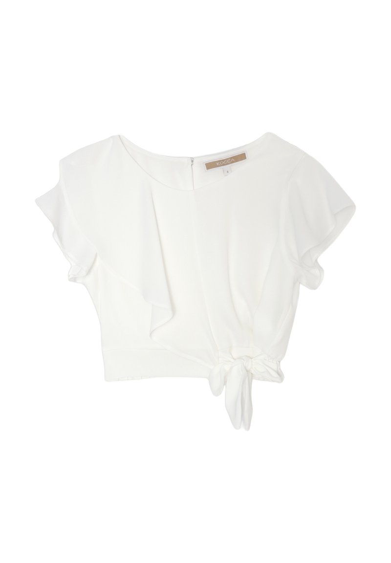 Top corto bianco realizzato in tessuto leggero, con maniche corte arricciate, un'avvolgente allacciatura frontale e una chiusura con zip sul retro.