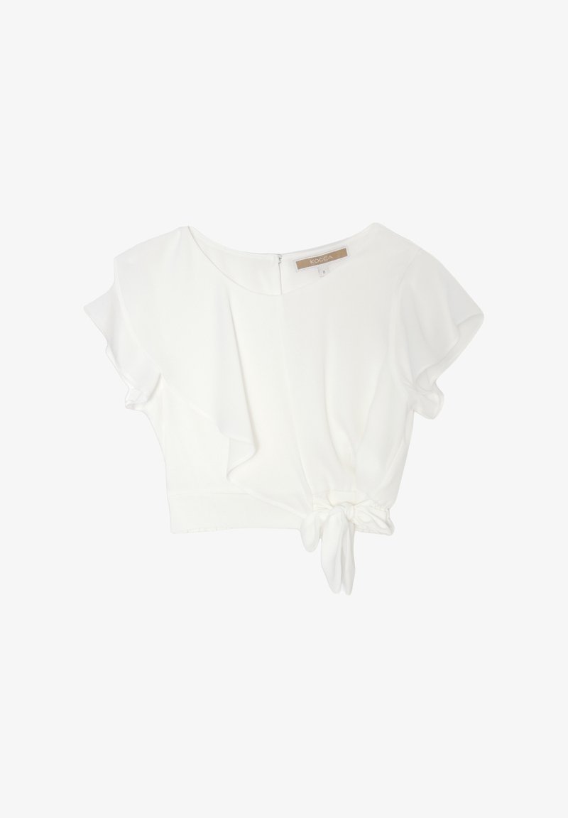 Top corto bianco realizzato in tessuto leggero, con maniche corte arricciate, un'avvolgente allacciatura frontale e una chiusura con zip sul retro.