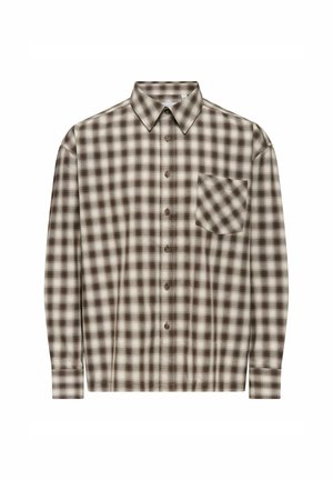 Braun-beige kariertes Hemd mit Knopfleiste, Kragen, langen Ärmeln und einer Brusttasche. Aus einem weichen, strukturierten Stoff gefertigt.