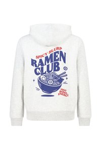 Sweat à capuche gris avec un motif graphique au dos, comprenant le texte « Spicy Slurp Ramen Club », un bol de nouilles, et « Hot Bowl Energy » en rouge et bleu.