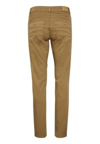 Bruna byxor i bomullsmix med slim fit. Har bakfickor, subtila sömdetaljer och dragkedja. Slät textur, rak bendesign.