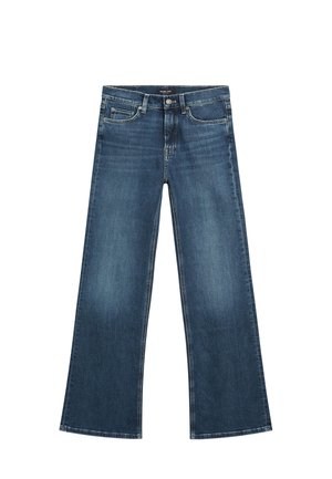 Jeans in denim blu a gamba larga con vita media, dotati di tasche frontali, tasche posteriori e cuciture visibili sulle cuciture.