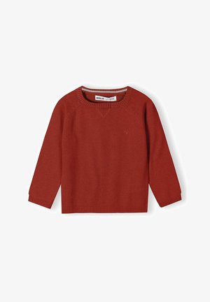 Un pull en tricot rouge avec des manches longues, un col rond, et des poignets et un ourlet côtelés. Design simple, sans motifs ou accents visibles.