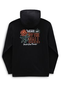 Sudadera con capucha negra con un diseño gráfico de una rosa, el texto "VANS OFF THE WALL" en naranja y "Fresh Cut Daily!" en blanco. Ajuste estándar, capucha con cordón.