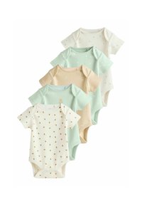 Set aus fünf Baby-Bodys aus geripptem Stoff. Farben: blassgrün, creme mit goldenen Punkten, sanftes Beige und gedämpftes Mint. Kurze Ärmel, Druckknopfverschluss.