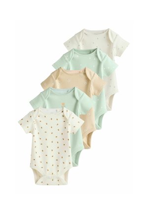 Set aus fünf Baby-Bodys aus geripptem Stoff. Farben: blassgrün, creme mit goldenen Punkten, sanftes Beige und gedämpftes Mint. Kurze Ärmel, Druckknopfverschluss.