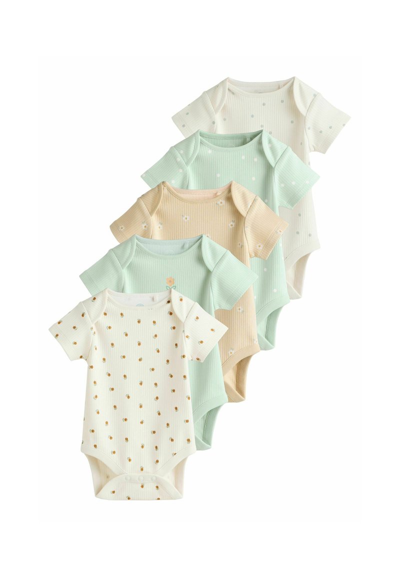 Set aus fünf Baby-Bodys aus geripptem Stoff. Farben: blassgrün, creme mit goldenen Punkten, sanftes Beige und gedämpftes Mint. Kurze Ärmel, Druckknopfverschluss.