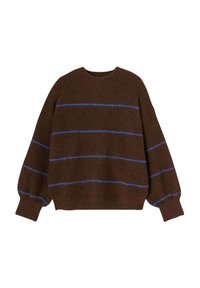 Pull en tricot marron avec des rayures horizontales bleues, col rond et manches volumineuses. Texture douce avec poignets et ourlet côtelés.