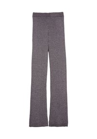 Grijze geribbelde gebreide broek met wijd uitlopende pijpen en een gestructureerde oppervlakte, met een elastische tailleband en een flared zoom voor een comfortabele pasvorm.