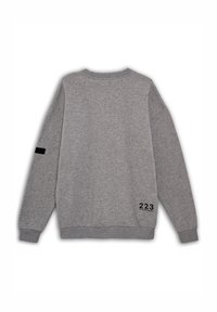 Grijze sweatshirt met lange mouwen, geribbelde halslijn en zoom, met een zwart tekstdetail "223" linksonder en een zwart patch op de mouw.