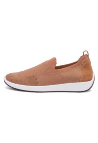 Slip-on shoes in light brown knit material with a textured finish and contrasting white rubber sole. Features elastic side accents and heel tab.