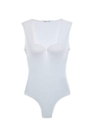 Body bianco senza maniche con busto imbottito, scollo quadrato e apertura della gamba alta, taglia piccola, su sfondo bianco semplice.
