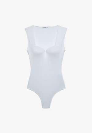 Body bianco senza maniche con busto imbottito, scollo quadrato e apertura della gamba alta, taglia piccola, su sfondo bianco semplice.