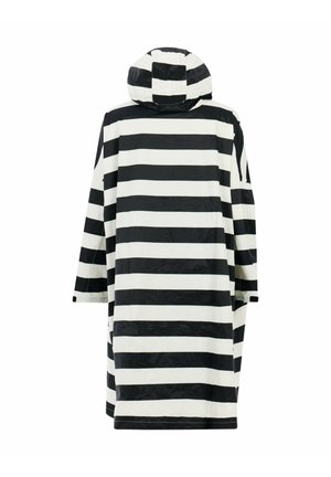 Zwart-wit gestreepte capuchonponcho met brede mouwen, gemaakt van een glanzend materiaal, met horizontale strepen en een ontspannen pasvorm ontwerp.