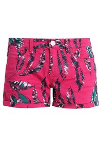 Pink cotton shorts with a tropical leaf pattern in green, black, and white. Features include five pockets and a rolled hem.