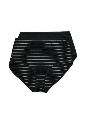 Zwei hochtaillierte Damen-Slips, einer einfarbig schwarz und einer schwarz mit dünnen weißen horizontalen Streifen, flach auf weißem Hintergrund dargestellt.