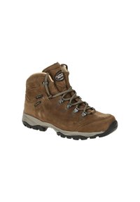Braune Leder-Wanderstiefel mit hohem Knöchel, strukturiertem Obermaterial, silberner Hardware und Gummisohle. Verfügt über Schnürung und Markenlogo.