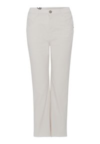 Pantalon droit blanc avec poches avant, passants de ceinture et fermeture par bouton sur un fond blanc uni.
