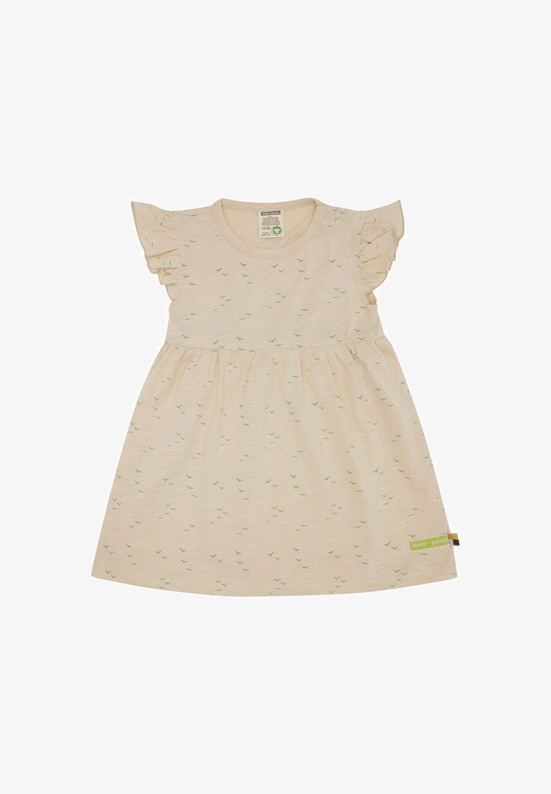 Lichtbeige jurk met korte volants mouwen, een geraffineerde rok en kleine groene vogelpictogrammen. Beschikt over drukknoopsluitingen op de schouder.