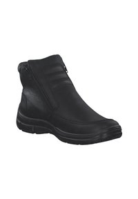 Schwarze Leder-Stiefeletten mit strukturiertem Finish, ausgestattet mit einem seitlichen Reißverschluss und horizontalen Steppnähten auf dem Obermaterial. Gummisohle.