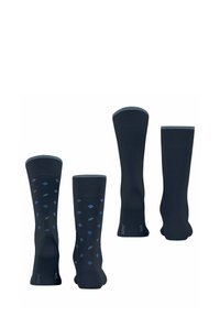 Dunkelblaue Socken mit hellblauen geometrischen Mustern. Mit einem gerippten Bündchen und überzogener Oberfläche. Hergestellt aus atmungsaktivem Material für zusätzlichen Komfort.