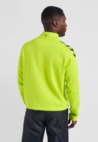 Pullover verde neon con colletto alto, caratterizzato da motivi a zigzag neri sulle spalle. Tessuto morbido, vestibilità rilassata, adatto per l'abbigliamento sportivo.