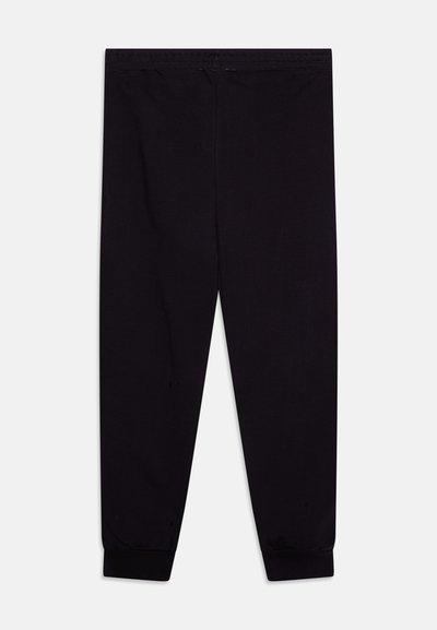 Pantalones de chándal negros de algodón, con cintura elástica y puños ajustados, de textura suave y ligeramente brillante.