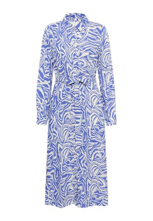 Dlouhý rukáv, šatové šaty s páskem v modro-bílém abstraktním vzoru. Má límečkový výstřih a zapínání na knoflíky vpředu. Měkká textura látky.
