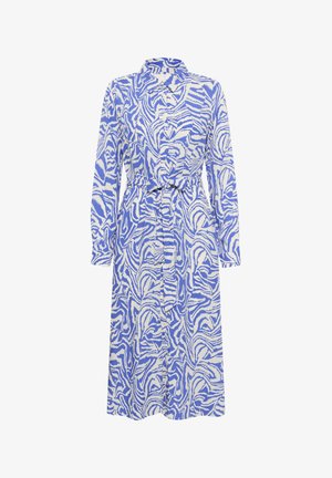 Dlouhý rukáv, šatové šaty s páskem v modro-bílém abstraktním vzoru. Má límečkový výstřih a zapínání na knoflíky vpředu. Měkká textura látky.