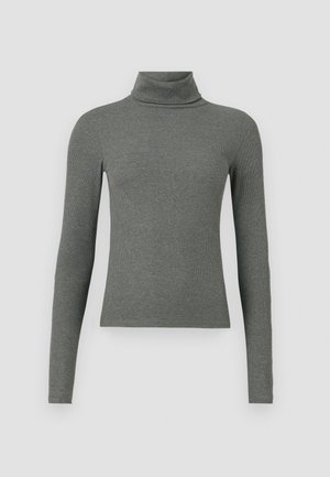 Grey, long-sleeve turtleneck top made from a soft ribbed material, featuring a fitted design and high collar.