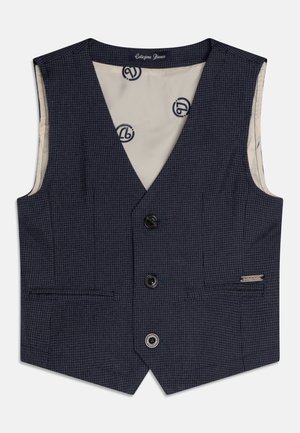 Gilet bleu marine avec un motif tissé texturé, présentant un col en V, deux poches avant, trois boutons et une doublure beige avec des logos.