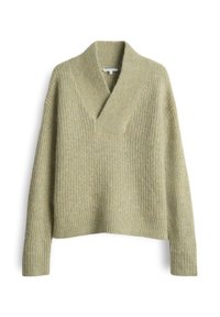V-Ausschnitt-Pullover in Hellgrün, aus strukturiertem Strickstoff. Mit langen Ärmeln und geripptem Saum. Lässige, kastige Passform.