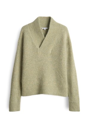 Maglione a V in verde chiaro, realizzato in tessuto a maglia texturizzato. Presenta maniche lunghe e orlo a coste. Vestibilità rilassata e a scatola.