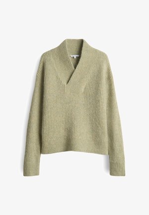 Maglione a V in verde chiaro, realizzato in tessuto a maglia texturizzato. Presenta maniche lunghe e orlo a coste. Vestibilità rilassata e a scatola.