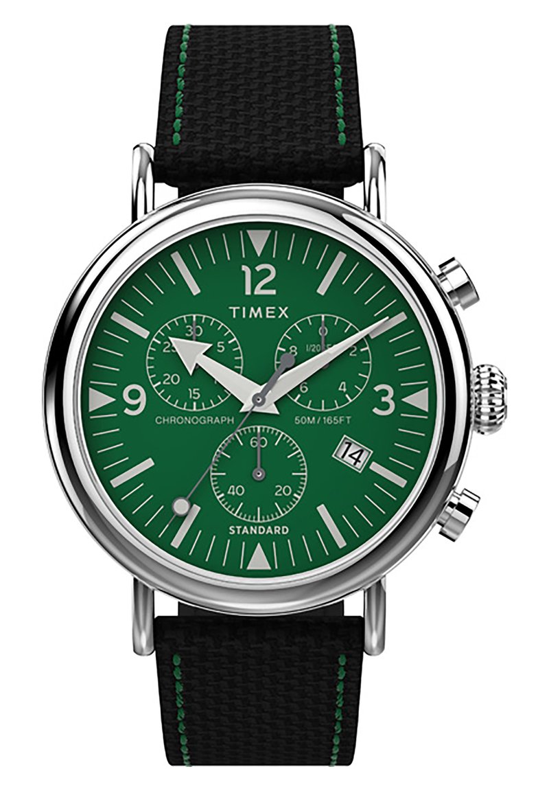 Montre chronographe Timex avec un cadran vert, une lunette en argent, un bracelet texturé noir et des coutures vertes contrastantes ; inclut un affichage de la date.