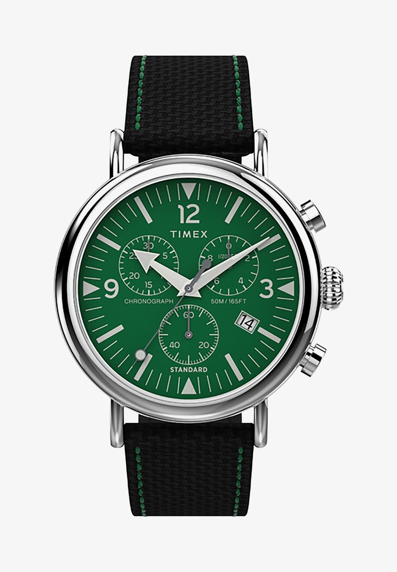 Reloj cronógrafo Timex con esfera verde, bisel plateado, correa texturizada negra y costuras verdes contrastantes; incluye pantalla de fecha.
