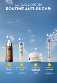 Quattro prodotti per la cura della pelle sono esposti: una boccetta di siero marrone, un barattolo di crema bianca e due tube bianche con accenti blu.