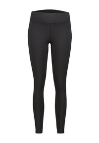 Zwarte leggings van rekbaar materiaal, met een hoge tailleband en een gladde textuur, ontworpen voor comfort en een aansluitende pasvorm.