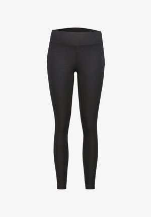 Czarne legginsy wykonane z elastycznego materiału, z wysokim stanem i gładką fakturą, zaprojektowane dla komfortu i dopasowania.