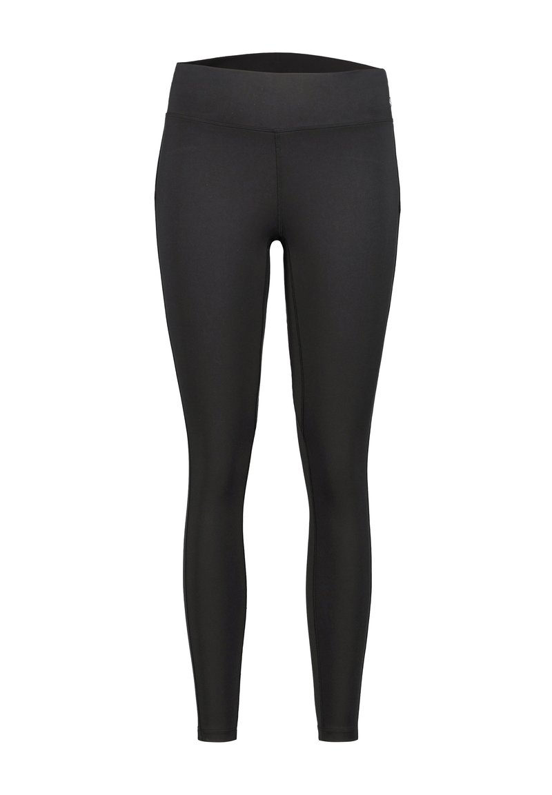 Zwarte leggings van rekbaar materiaal, met een hoge tailleband en een gladde textuur, ontworpen voor comfort en een aansluitende pasvorm.