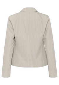 Šedý pruhovaný blazer s klasickým klopovým límcem, dlouhými rukávy a přiléhavým střihem, vyrobený z hladké látky. Zobrazeno ze zadní strany.