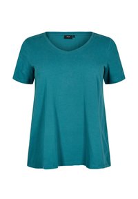 Teal kortærmet V-hals T-shirt lavet af blød bomuld. Løs pasform med lige kant og minimale syninger.
