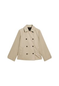 Veste beige à double boutonnage en coton. Dotée de grands boutons noirs, d'un col classique et de poches latérales avec une coupe décontractée.