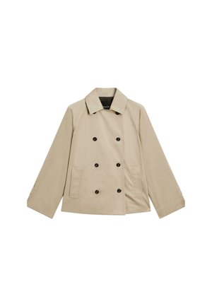 Giacca beige doppiopetto in cotone. Caratterizzata da grandi bottoni neri, un collare classico e tasche laterali con una vestibilità rilassata.